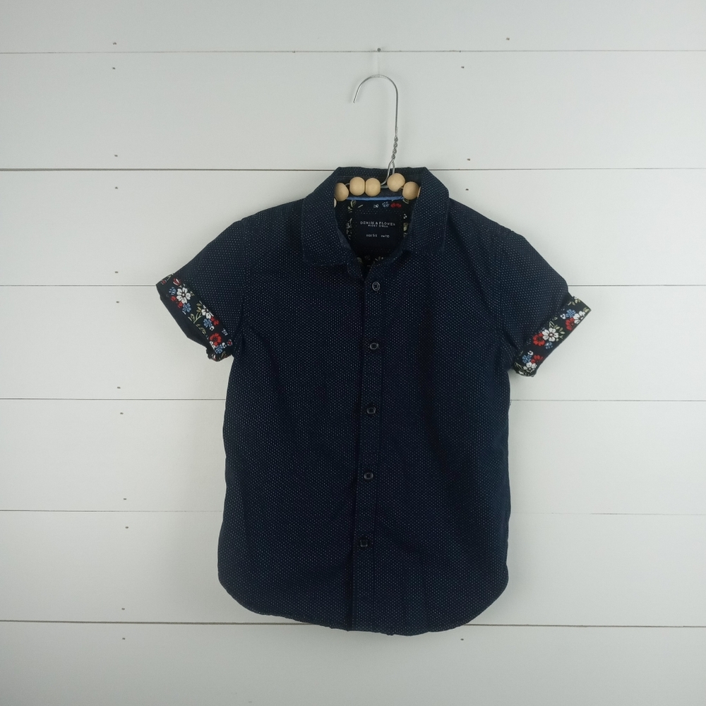 Denim & Flower Ricky Singh boys size 5-6 navy white polka dot button down shirt
